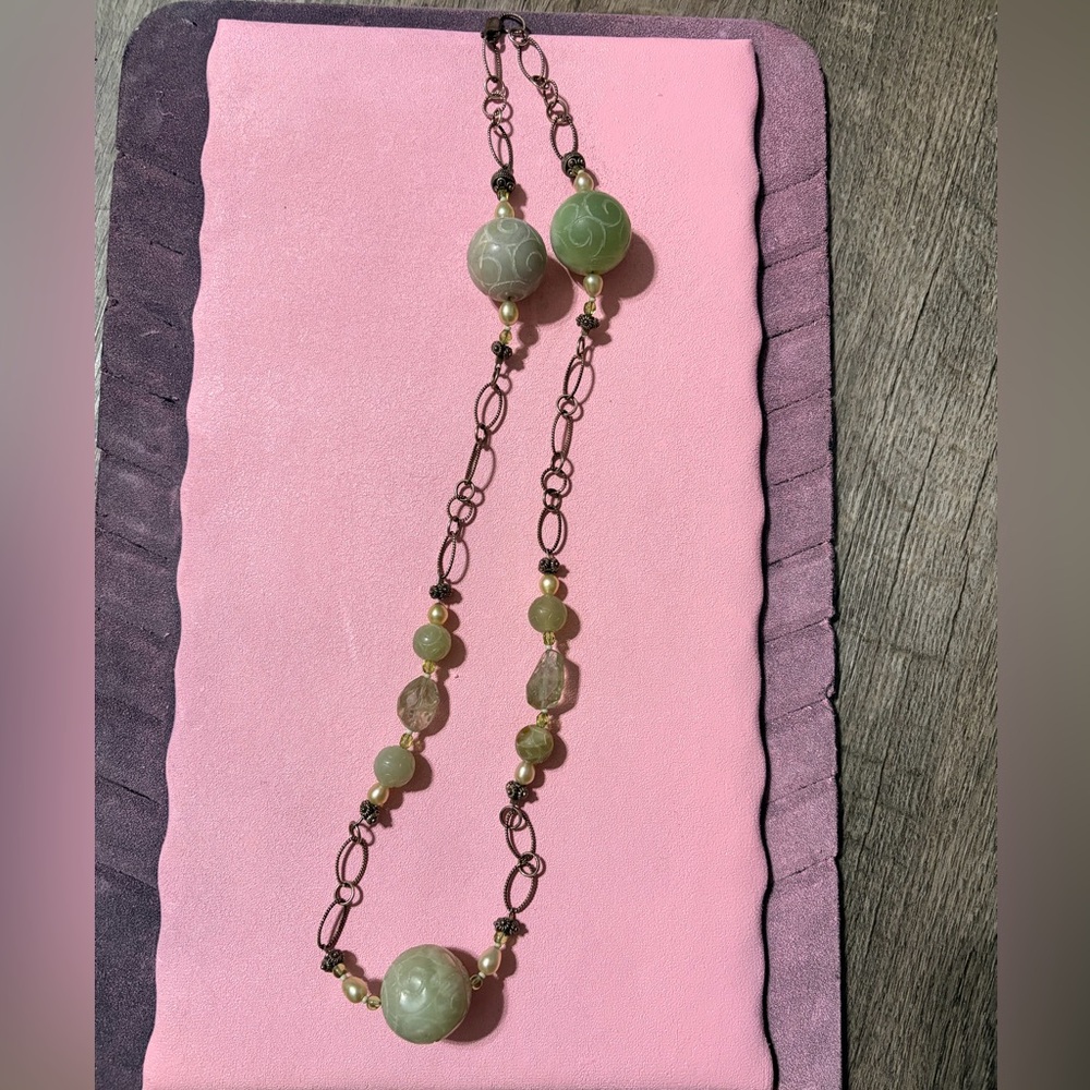 Sterling silver raw jade, quartz and pearl necklace 20”